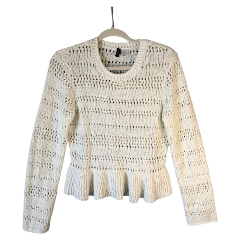 H&M Chic Cream Pointelle-Knit Peplum Sweater with Ruffle Detail Sz Medium